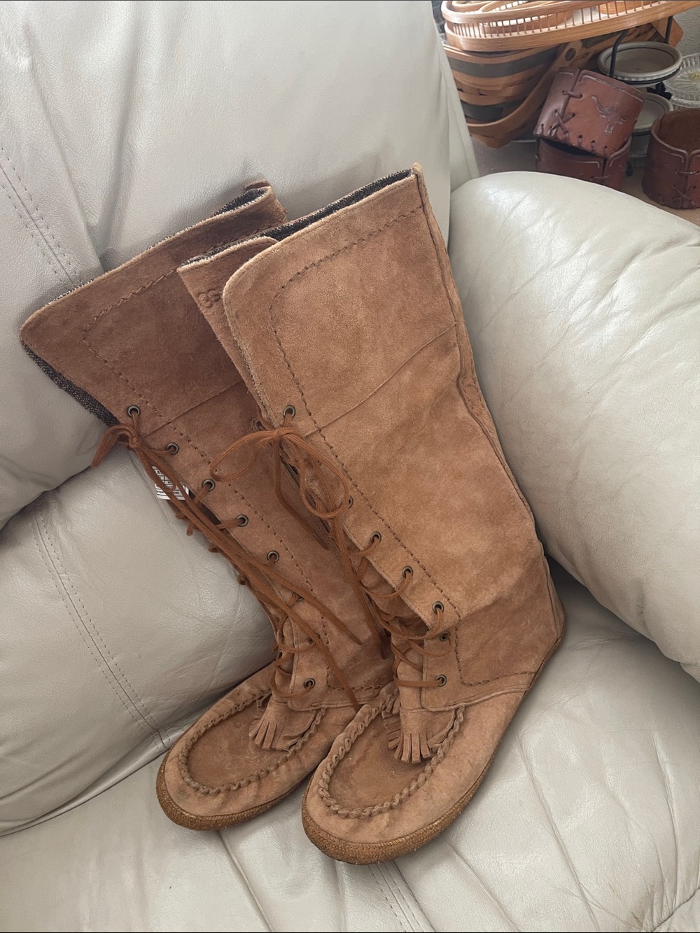 UGG Somaya Chestnut Suede Tall Moccasin Fringe Boots Size 10